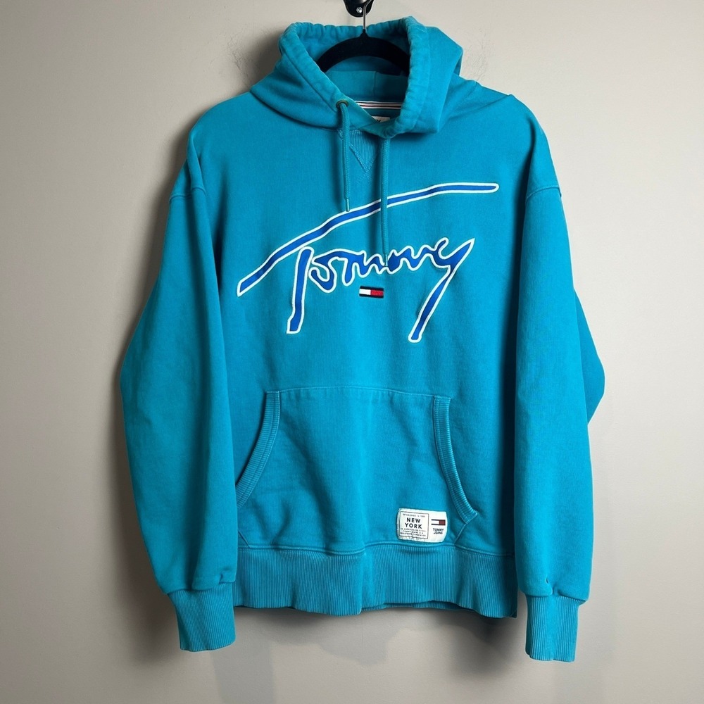 Tommy Jeans Hoodie Mens Medium Turquoise Pullover Sweatshirt Logo Y2K